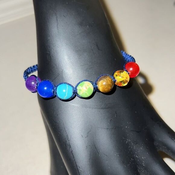 Shakra 7 bead braided bracelet with navy nylon cord  adj NWOT - Picture 1 of 3